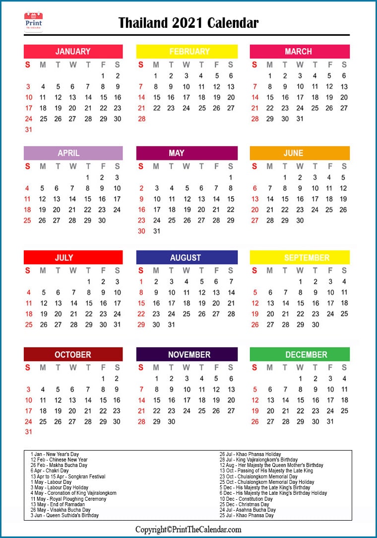 Thailand Printable Calendar 2021